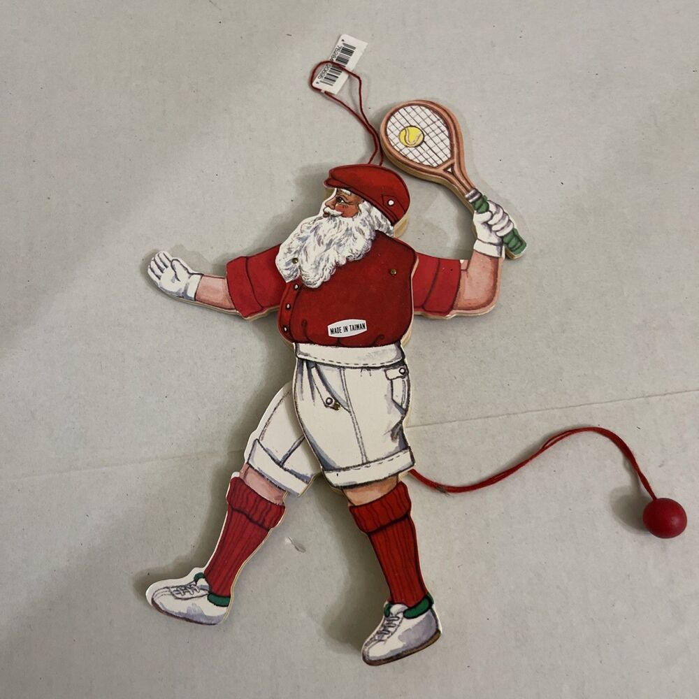 Vintage Jumping Jack Tennis Playing Santa Christmas Ornament Pull String Taiwan